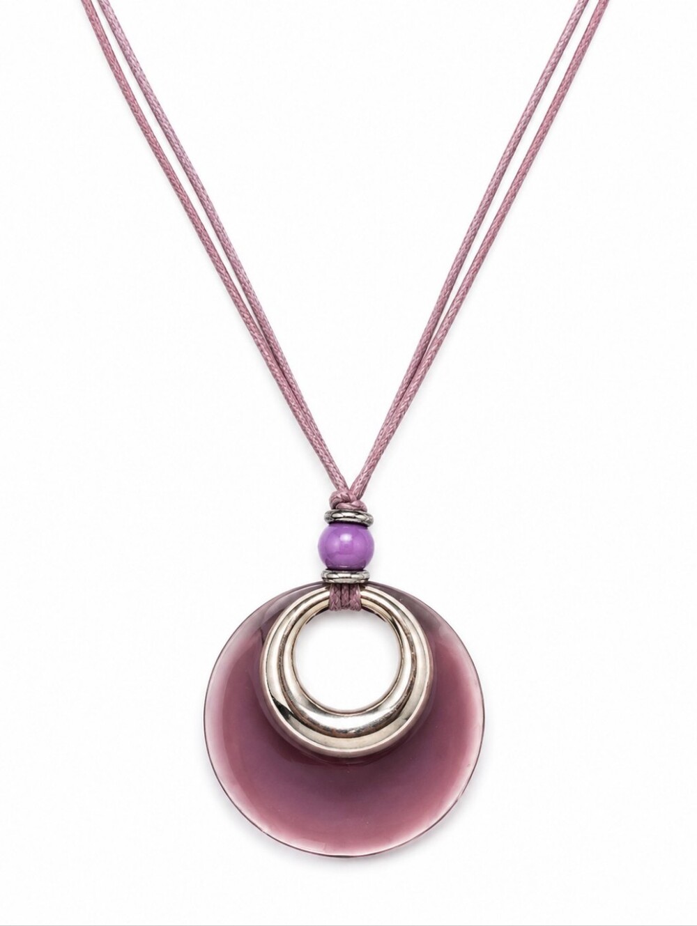 Chunky Purple Circle Pendant Necklace Silver Tone Statement Cord Jewelry